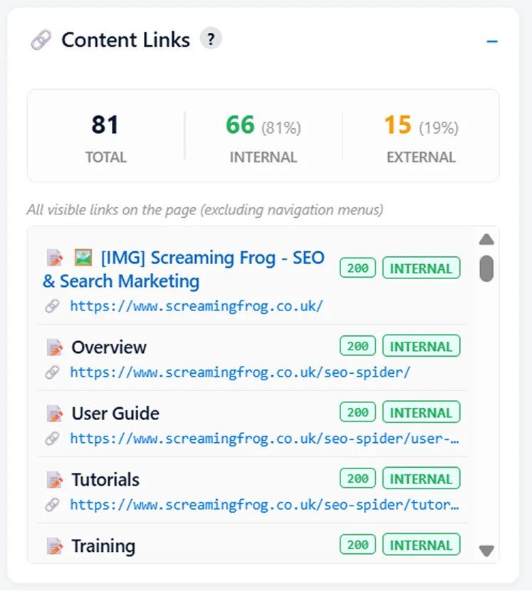 YAN SEO Content Links module showing 81 total links with 66 internal links at 81% and 15 external links at 19%, listing each link with its HTTP status code and internal or external label