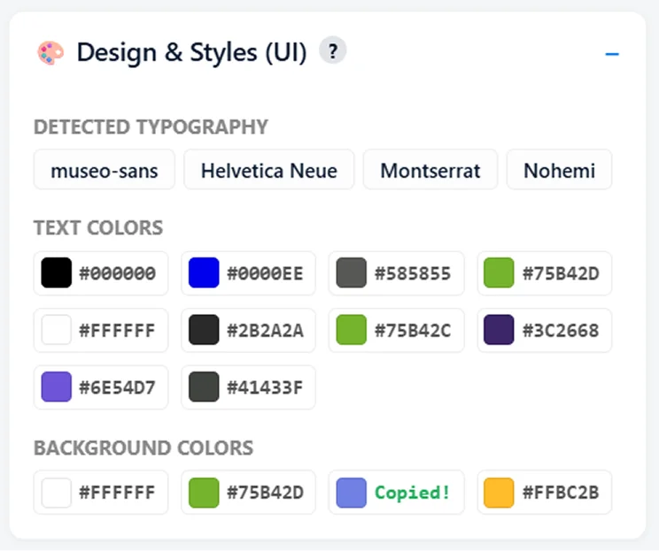 YAN SEO Design and Styles UI module showing detected typography with museo-sans, Helvetica Neue, Montserrat, and Nohemi fonts, a grid of text colors and background colors with a Copied tooltip