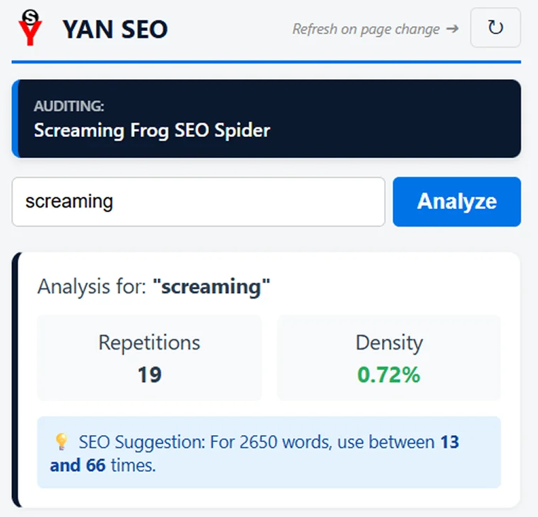 YAN SEO keyword density analyzer showing the word screaming appearing 19 times with a density of 0.72%, with an SEO suggestion recommending between 13 and 66 uses for a 2,650-word page