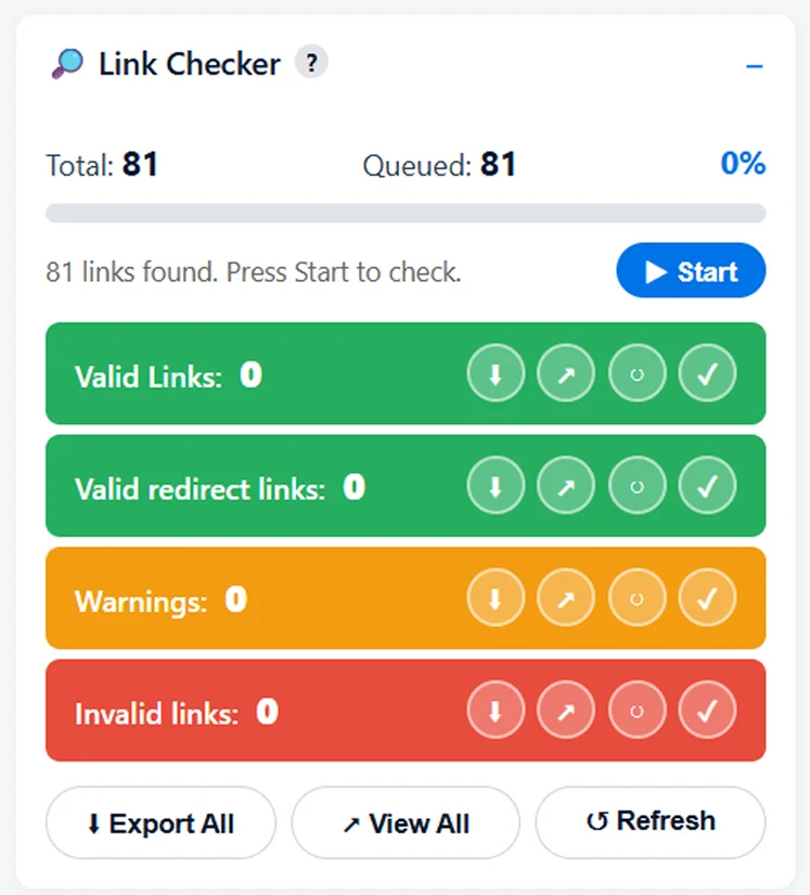 YAN SEO Link Checker module showing 81 links queued with color-coded rows for valid links, valid redirect links, warnings, and invalid broken links, plus Export All, View All, and Refresh buttons