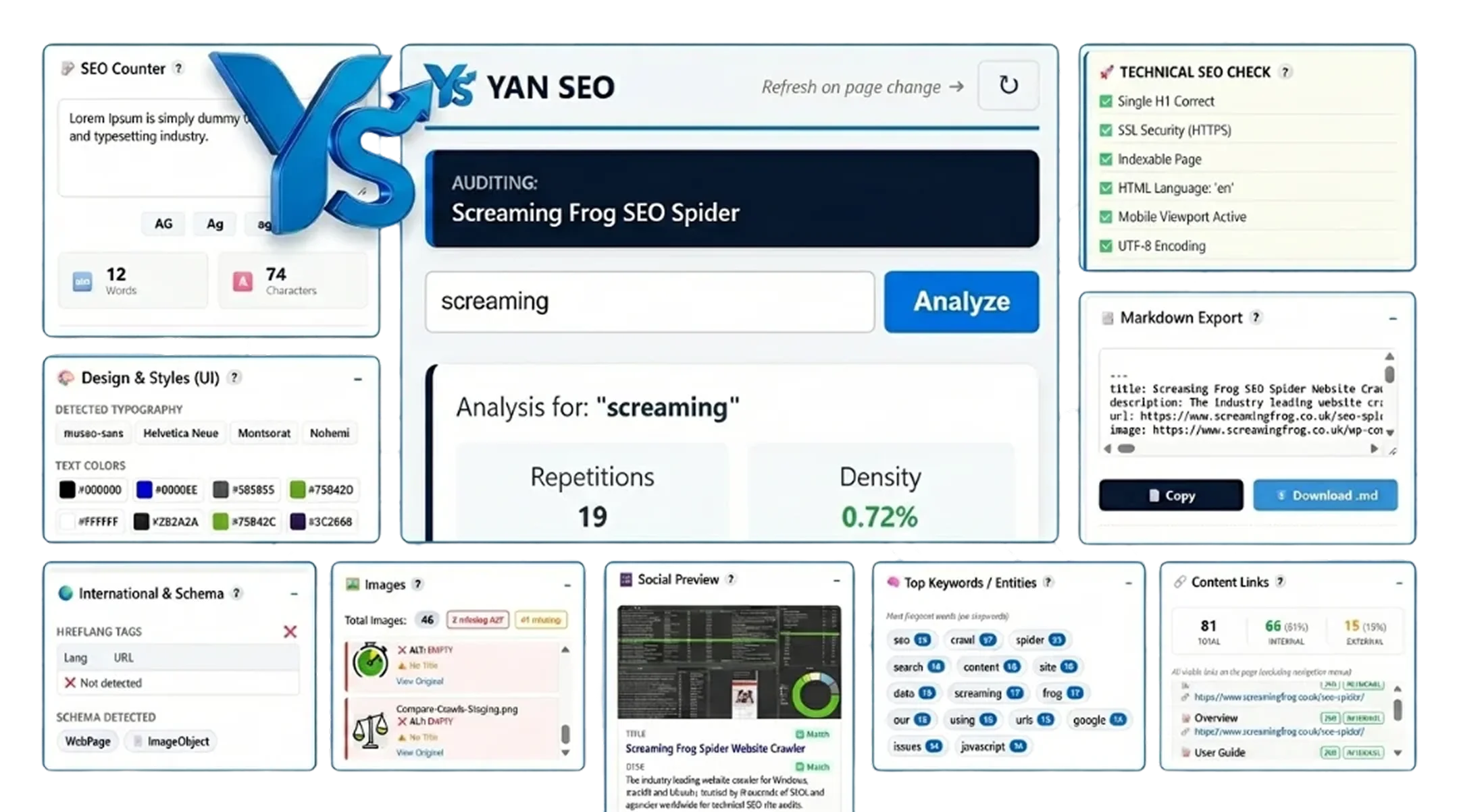 YAN SEO extension panel showing full SEO audit with keyword analyzer, meta tags, heading structure, and content analysis