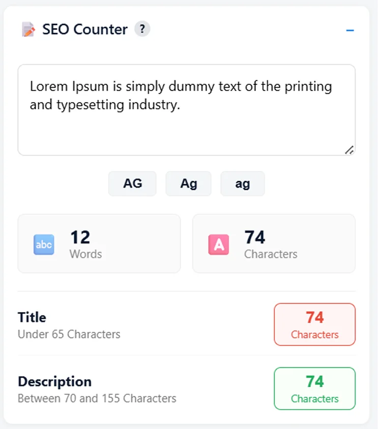 YAN SEO SEO Counter module showing a text scratchpad with 12 words and 74 characters counted, with live validation showing 74 characters exceeds the 65-character title limit in red and is valid for the description range in green