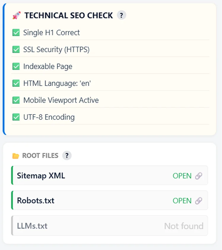YAN SEO Technical SEO Check showing six green checkmarks for Single H1, SSL, Indexable Page, HTML Language, Mobile Viewport, and UTF-8 Encoding, plus root file detection for sitemap.xml, robots.txt, and llms.txt